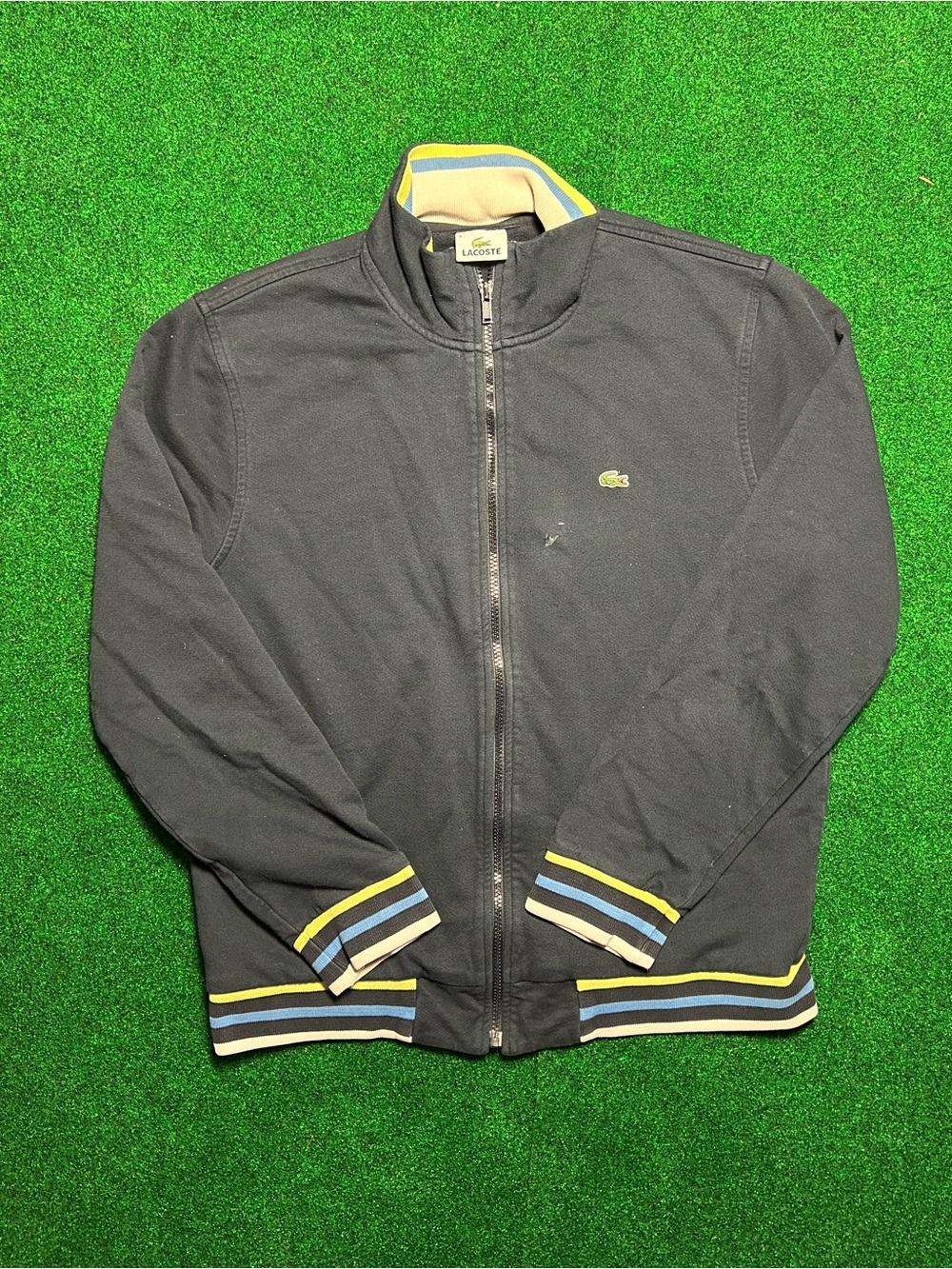 80s Lacoste Navy Zip-Up Jacket with Stripe Trim